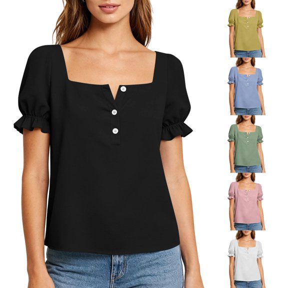 VBVC Women's Square Neck Puff Short Sleeve Blouse , Ladies' Button Front Ruffle Cuff Casual Top , Summer Loose Fit Daily Tops For Women,Black,S-2XL