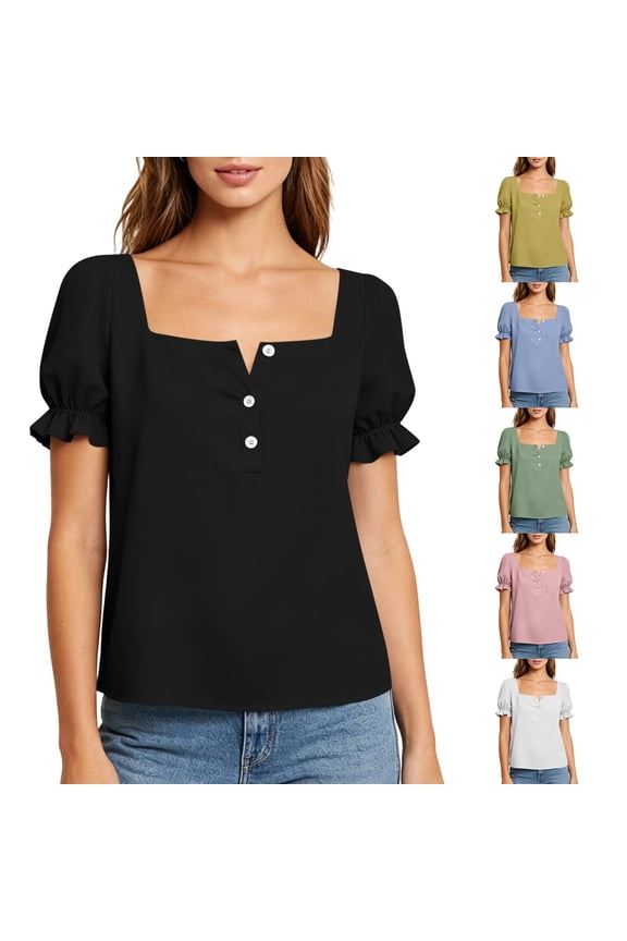 Women's Square Neck Puff Short Sleeve Blouse , Ladies' Button Front Ruffle Cuff Casual Top , Summer Loose Fit Daily Tops For Women,Black,S-2XL