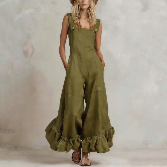 VBVC Women's Square Neck Ruffle Hem Wide Leg Overalls , Summer Boho Linen Jumpsuit For Women , Ladies' Button Shoulder Romper with Pockets, Army Green , S-2XL