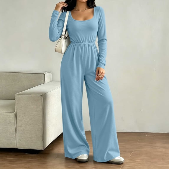 VBVC Women's Square Neck Wide Leg Jumpsuit , Long Sleeve Zipped Romper For Women , Ladies' Elastic Waist One Piece Outfit with Pockets, Light Blue , S-2XL