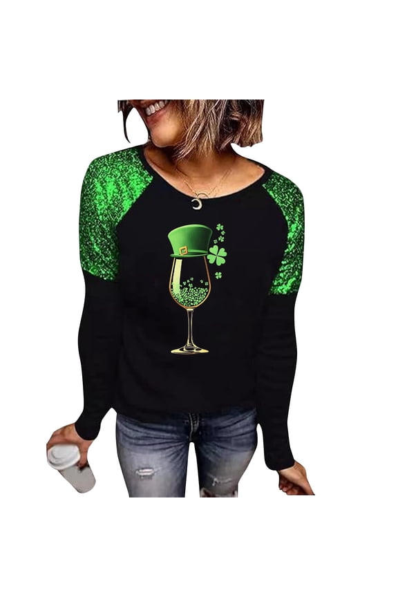 Women's St.Patrick's Day Sequin Sweatshirt,Ladies Glitter Shamrock Top,Black Green Irish Pullover For Women,Green,Size L