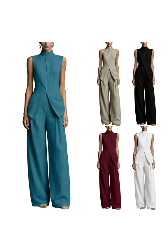 Women's Stand Collar Sleeveless 2 Piece Suit , Office Vacation Wide Leg Outfit For Women , Ladies' Split Hem Button Tracksuit with Pockets,White,S-2XL