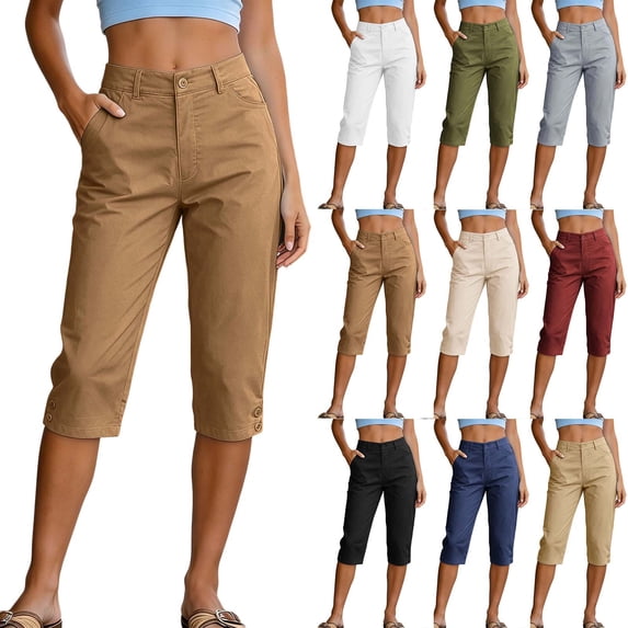 VBVC Women's Straight Leg Cargo Capri Pants,Button Closure Cropped Trousers For Women,Ladies Lightweight Summer Knee-Length Pants with Pockets,Gray,S-3XL