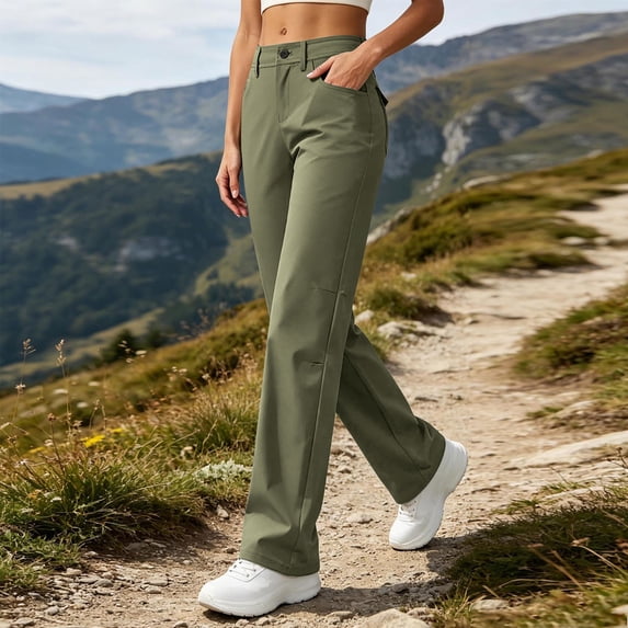 VBVC Women's Straight Leg Work Pants , Button Fly Travel Trousers For Women , Ladies' Athletic Hiking Pants with Pockets, Green , S-3XL