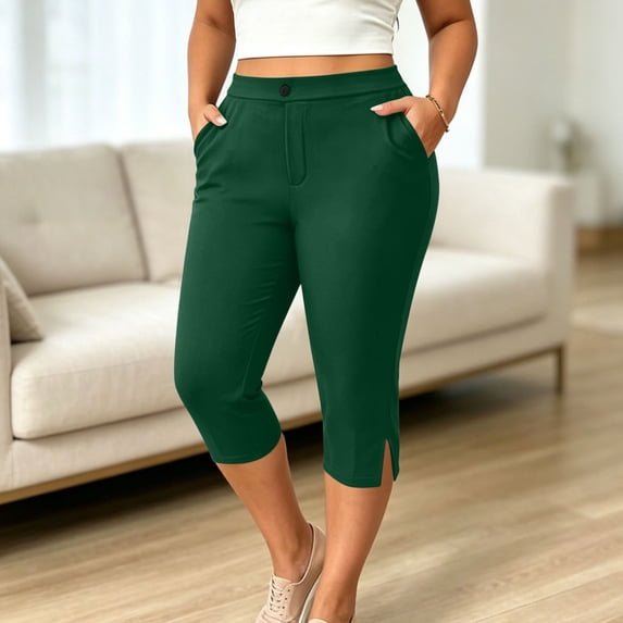 VBVC Women's Stretch Side Slit Capri Pants , High Waisted Cropped Pants For Women , Ladies' Summer Yoga Trousers with Pockets, Green , L-5XL