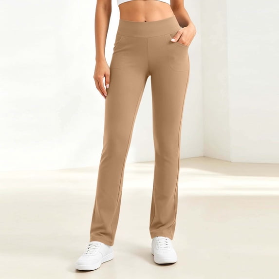 VBVC Women's Stretchy Straight Leg Yoga Pants , High Waisted Workout Leggings For Women , Ladies' Fall Winter Trousers with Pockets, *Khaki , Medium
