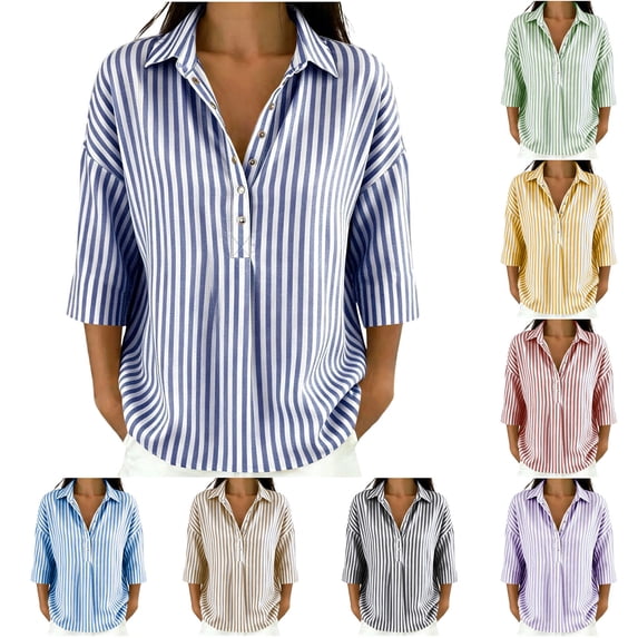 VBVC Women's Striped 3/4 Sleeve Blouse , Ladies' Casual Button Down Tunic , Loose Fit V Neck Summer Shirt For Women, Brown , S-2XL