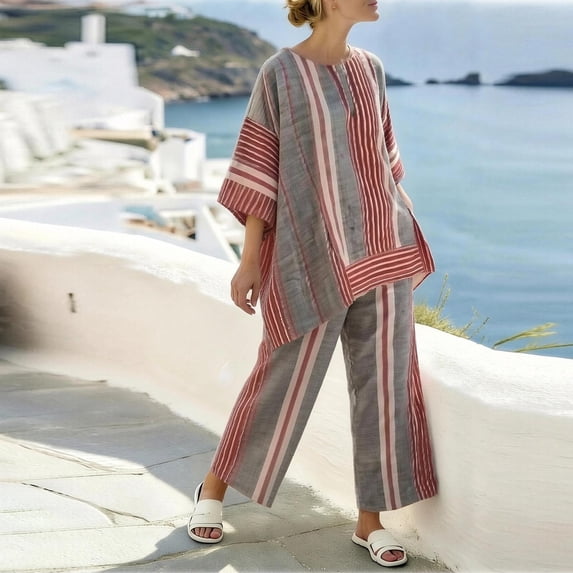 VBVC Women's Striped Batwing Sleeve 2 Piece Set , Beach Vacation Outfit For Women , Ladies' Wide Leg Pants Tracksuit with Pockets,Red,S-5XL