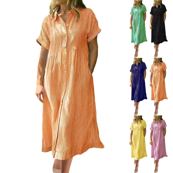 VBVC Women's Striped Button Down Shirt Dress , Summer Collared Midi Dress For Women , Ladies' Short Sleeve Loose Fit Dress with Pockets,Navy,S-5XL