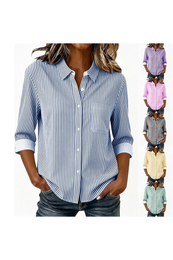 Women's Striped Button Down Shirt , Ladies' 3/4 Sleeve Collared Blouse , Casual Work Office Top For Women,Sky Blue,XS-2XL