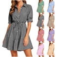 thumbnail image 1 of VBVC Women's Striped Button Down Shirt Dress , Ladies' Collared Drawstring Waist Short Sleeve Dress , Summer Casual Ruffle Hem Mini Dress For Women,Orange,S-2XL, 1 of 7