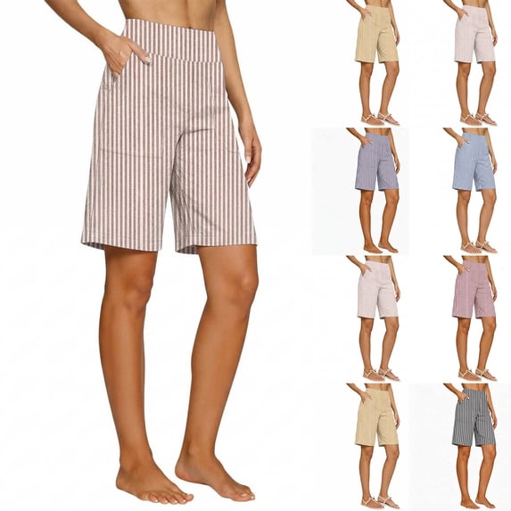 VBVC Women's Striped Cotton-Linen Bermuda Shorts,High Waist Knee Length Shorts For Women,Ladies Summer Pull-On Work Shorts with Pockets,Gray,S-2XL