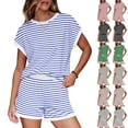 thumbnail image 1 of VBVC Women's Striped Crew Neck 2 Piece Set,Dolman Top and Elastic Waist Shorts For Women, Ladies' Soft Summer Loungewear With Pockets,Beige,S-2XL, 1 of 10