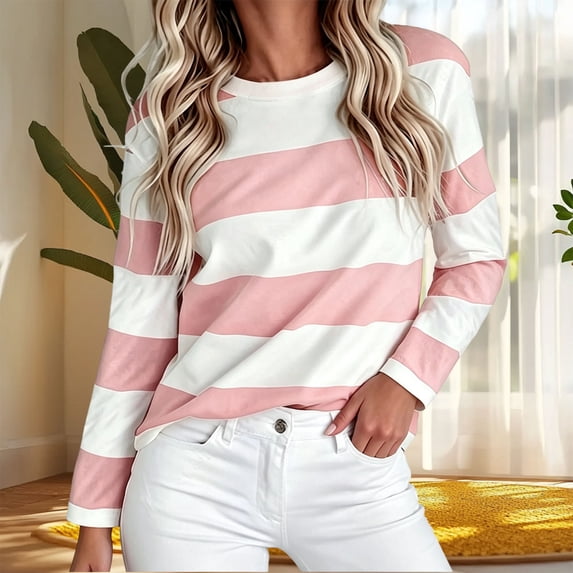 VBVC Women's Striped Crew Neck Top , Ladies' Loose Fit Drop Shoulder Shirt , Stretchy Long Sleeve Pullover For Women, S-XL