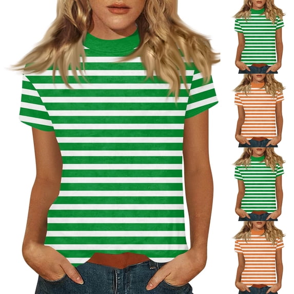 VBVC Women's Striped Mock Neck T-Shirt,Ladies Short Sleeve Slim Fit Basic Tee,Lightweight Stretchy Summer Top for Women,Orange,S-2XL
