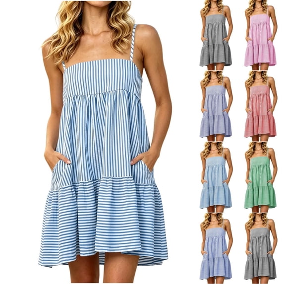 VBVC Women's Striped Spaghetti Strap Tiered Mini Dress , Summer Casual Sleeveless Sundress For Women , Ladies' Ruffle Beach Dress with Pockets,Red,S-2XL