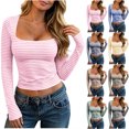 thumbnail image 1 of VBVC Women's Striped Square Neck Top , Ladies' Long Sleeve Crop Tee , Slim Fit Y2K T Shirt For Women, S-2XL, 1 of 10
