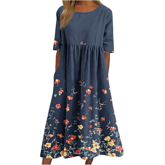 VBVC Women's Summer Short Sleeve A-Line Midi Dresses Casual Floral T-Shirt Dress Flowy Beach Sundress with Pockets