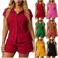 thumbnail image 1 of VBVC Women's Textured Collar 2 Piece Short Sets , Summer Drawstring Button Down Outfits For Women , Ladies' Short Sleeve Lounge Suit Sets with Pockets,Brown,S-2XL, 1 of 8