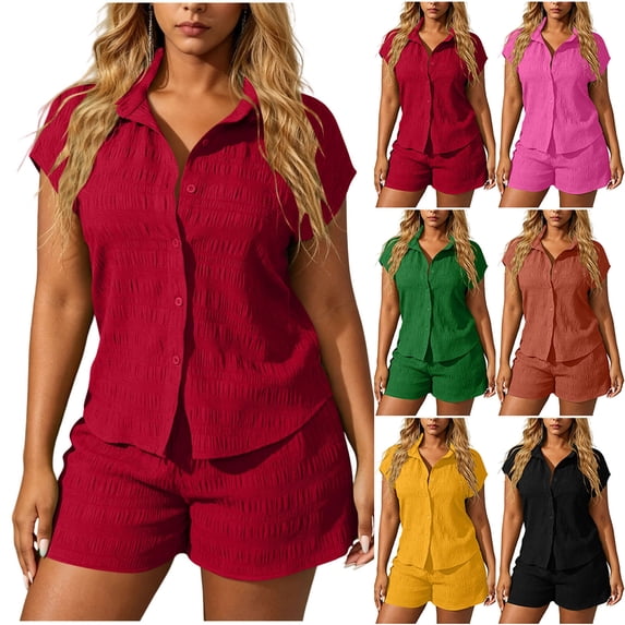 VBVC Women's Textured Collar 2 Piece Short Sets , Summer Drawstring Button Down Outfits For Women , Ladies' Short Sleeve Lounge Suit Sets with Pockets,Wine,S-2XL