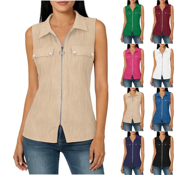 VBVC Women's Textured Zip Up Button Pocket Shirt,Ladies Collared V-Neck Sleeveless Blouse,Breathable Summer Office Daily Wear Tops For Women,Beige,S-2XL