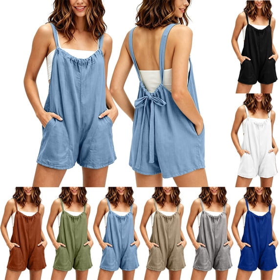VBVC Women's Tie Back Spaghetti Strap Romper , Sleeveless Short Jumpsuit For Women , Ladies' Casual Breathable One Piece Outfit with Pockets,Gray,S-3XL
