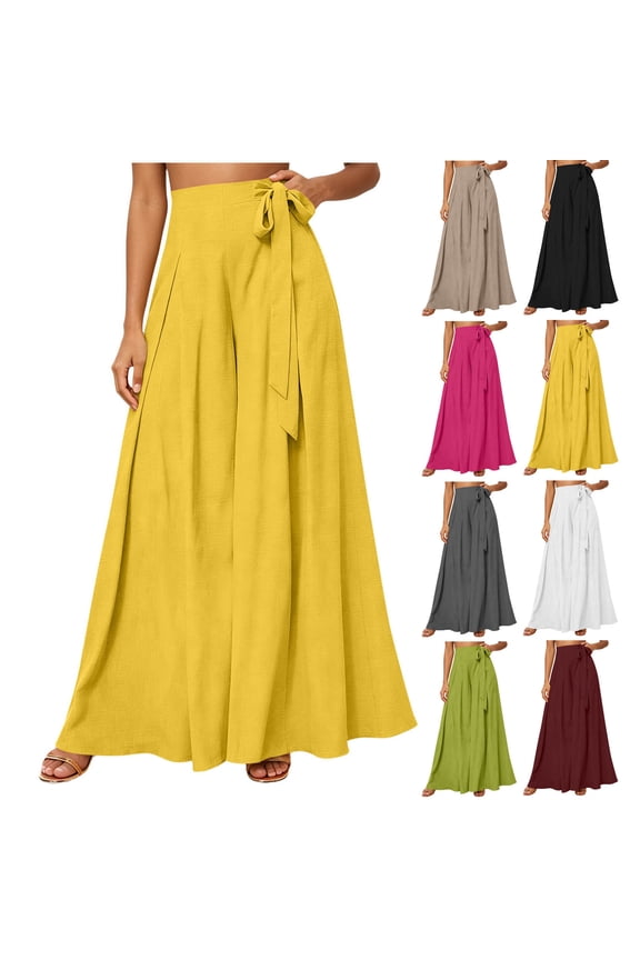 Women's Tie Waist Wide Leg Palazzo Pants, Flowy Wrap Maxi Skirt Pants For Women, Ladies' Casual Summer Beach Trousers with Pockets,Black,S-2XL
