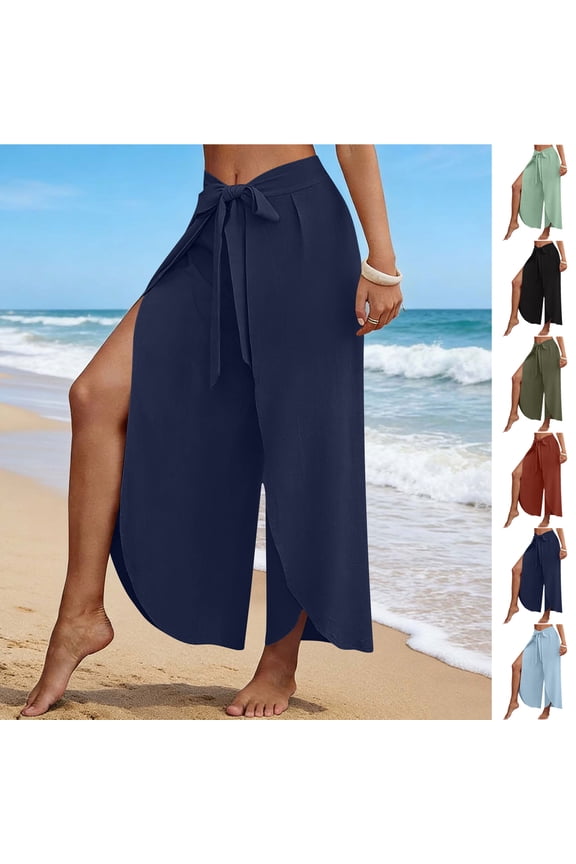 Women's Tie Waist Wrap Palazzo Pants , Summer Split Wide Leg Beach Pants For Women,Ladies' High Waisted Flowy Cover Up Trousers,Navy,S-3XL