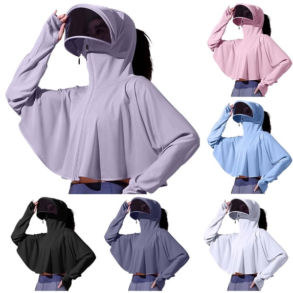 VBVC Women's UPF 50+ Full Face Cover Sun Protection Hoodie,Ladies Breathable Zip Up Cape Jacket,Outdoor Driving Cycling Coat For Women,Blue,Free Size