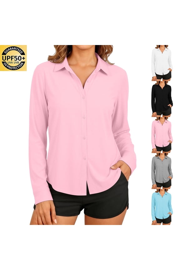Women's UPF 50+ Long Sleeve Button Down Shirt,Ladies' Casual Sun Protection Collared Blouse,Outdoor Lightweight Sun Shirt For Women,Black,S-3XL
