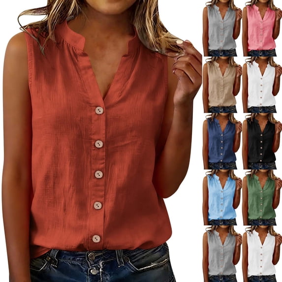 VBVC Women's V-Neck Button Down Tank Top,Ladies Sleeveless Ruffled Notch Collar Blouse,Summer Office Work Cami For Women,Pink,S-2XL