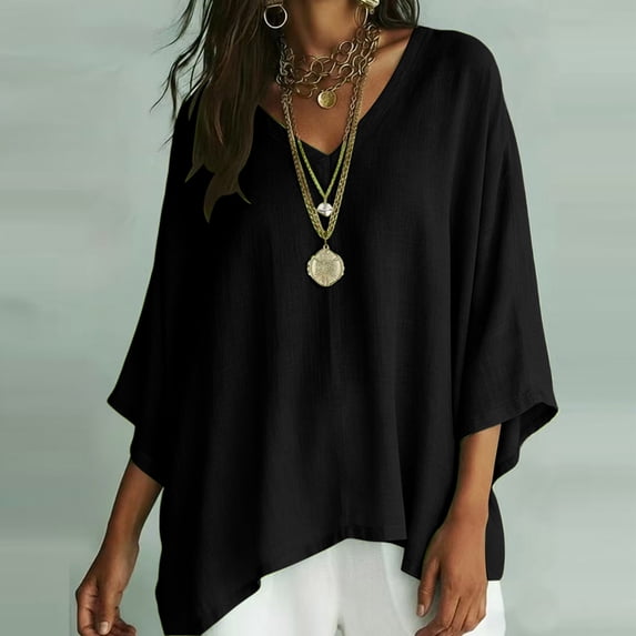 VBVC Women's V Neck Cotton Linen Blouse , Ladies' Batwing Sleeve Tunic Tops , Summer Lightweight Flowy Shirt For Women, Black , S-3XL