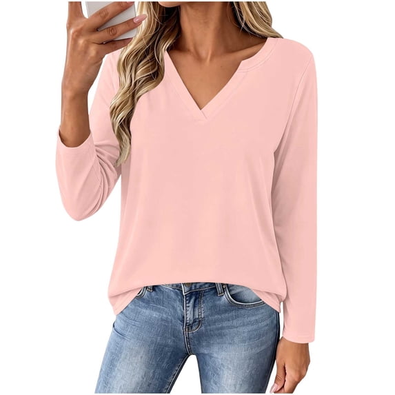 VBVC Women's V Neck Long Sleeve T Shirts , Ladies Casual Slim Stretchy Tunic Tops , Fall Winter Basic Dressy Shirts For Women, *Pink , X-Large