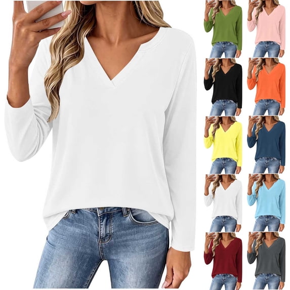 VBVC Women's V Neck Long Sleeve T Shirts , Ladies Casual Slim Stretchy Tunic Tops , Fall Winter Basic Dressy Shirts For Women, *White , Large