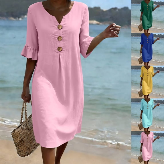 VBVC Women's V-Neck Ruffle Sleeve Midi Dress , Button Front Breathable Dress For Women , Ladies' Summer Beach Vacation Dresses with Pockets,Pink,S-2XL