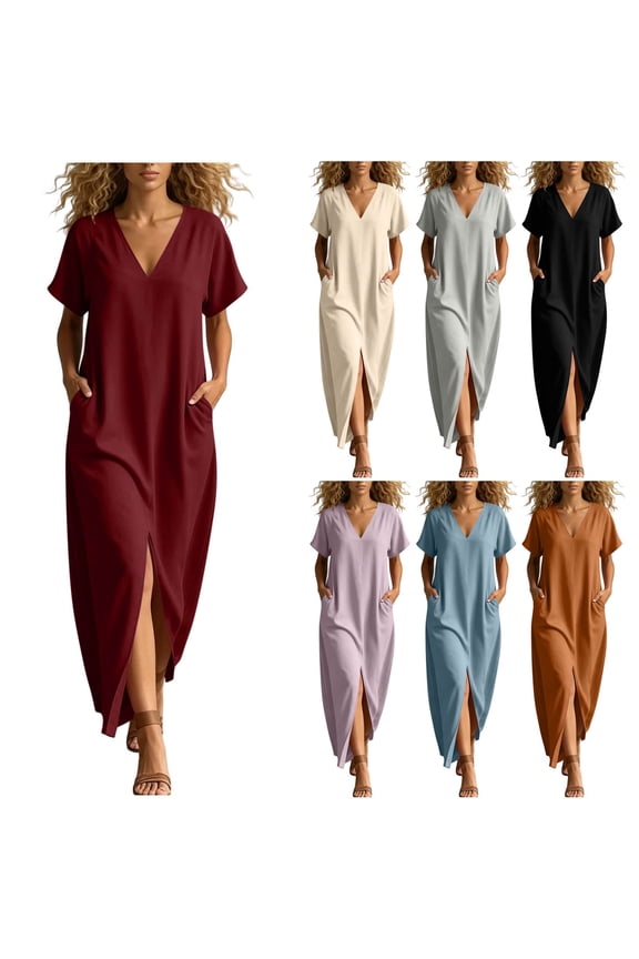 Women's V-Neck Short Sleeve Maxi Dress,Solid Color Split Hem Summer Caftan For Women,Ladies Loose Fit Casual Tunic with Pockets,Green,S-2XL