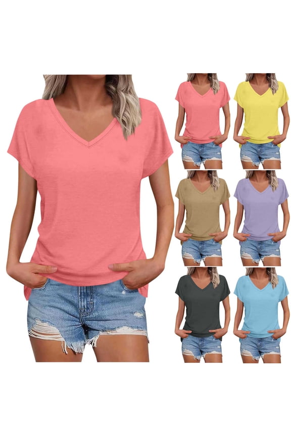 Women's V-Neck Short Sleeve T-Shirt,Ladies Dressy Casual Basic Tee,Summer Breathable Tops For Women,Yellow,S-2XL