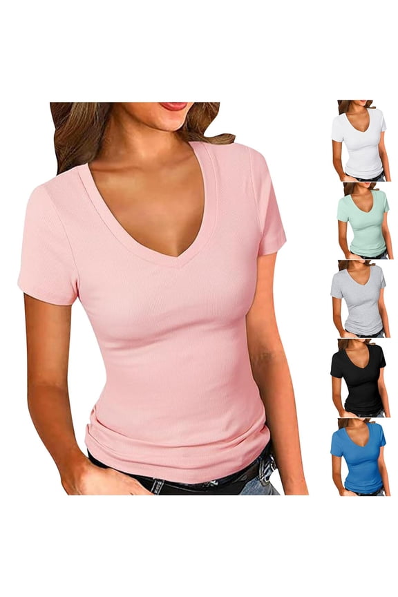 Women's V-Neck Short Sleeve T-Shirt , Ladies' Form Fitted Stretchy Top , Slim Fit Casual Tee For Women,White,S-2XL