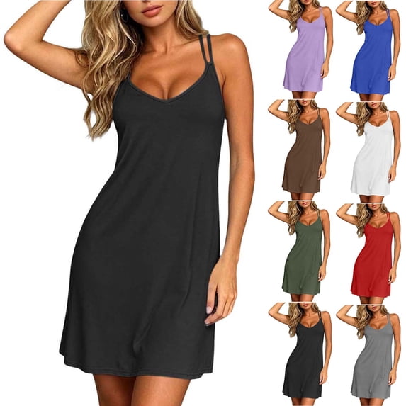 VBVC Women's V Neck Spaghetti Strap Sleep Dress , Ladies' Double Strap Sleeveless Nightgown , Soft Casual Short Loungewear For Women,Blue,S-2XL