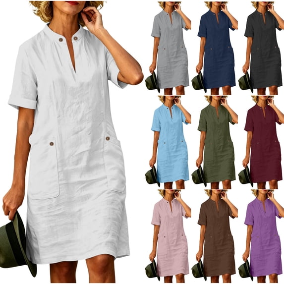 VBVC Women's V-Neck Stand Collar Shirt Dress,Button Detail Short Sleeve Midi Dress For Women,Ladies Summer Breathable Dress with Pockets,Army Green,S-2XL