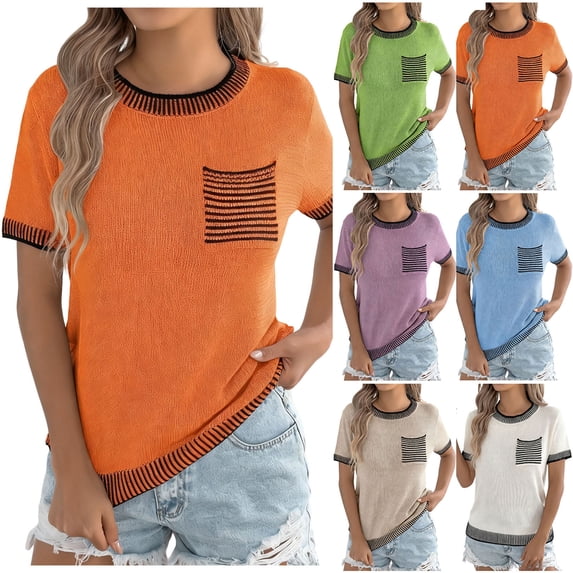 VBVC Women's V-Neck Sweater Tops,Ladies Short Sleeve T-Shirts,Summer Breathable Blouses For Women,Khaki,S-XL