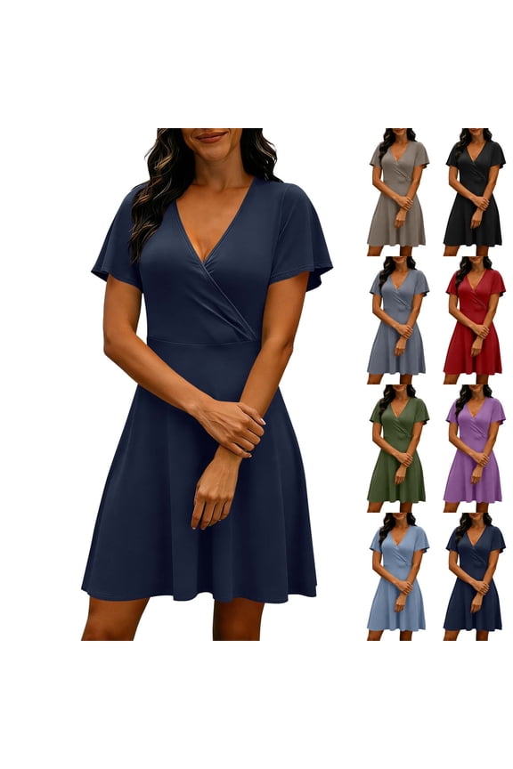 Women's V-Neck Wrap Front Short Sleeve Dress,Ladies Lightweight A-Line Swing Mini Dress,Everyday Work and Date Night Wear For Women,Black,S-2XL