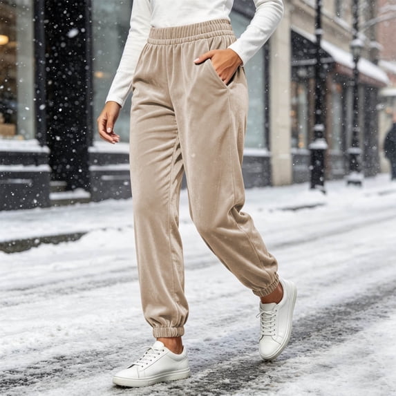 VBVC Women's Velvet Jogger Sweatpants , Soft Fall Winter Lounge Pants For Women , Ladies' High Waisted Trousers with Pockets, *Khaki , X-Large