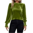 thumbnail image 1 of VBVC Women's Velvet Puff Sleeve Blouse,Ladies Lightweight Ruffled Neck Pullover,Ruched Cuff Party Top For Women,Army Green,Size XXXXL, 1 of 9