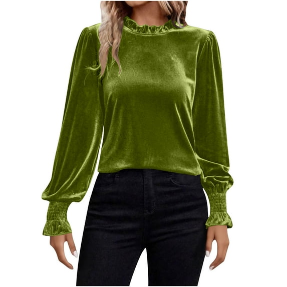 VBVC Women's Velvet Puff Sleeve Blouse,Ladies Lightweight Ruffled Neck Pullover,Ruched Cuff Party Top For Women,Army Green,Size XXXXL