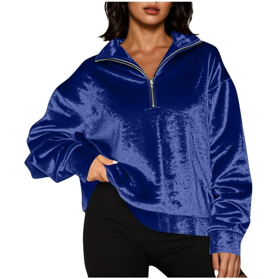 VBVC Women's Velvet Quarter Zip Pullover,Ladeis Dressy Vintage Sweatshirt,Elegant Shiny Velvet Top For Women,Blue,Size L