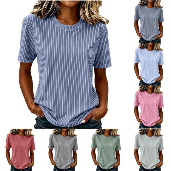 VBVC Women's Vertical Stripe Crew Neck T-Shirt , Ladies' Loose Fit Soft Casual Basic Top , Everyday Short Sleeve Shirts For Women,Black,S-2XL