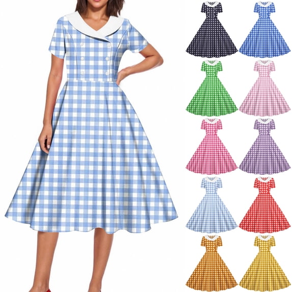 VBVC Women's Vintage 1950s Gingham Swing Dress , Ladies' Short Sleeve Double Breasted A-Line Midi Dress , Summer Peter Pan Collar Dresses For Women,Purple,S-2XL