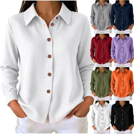 VBVC Women's Waffle Button Down Shirt , Long Sleeve Collared Top For Women , Ladies' Lightweight Casual Work Blouse, Black , S-2XL