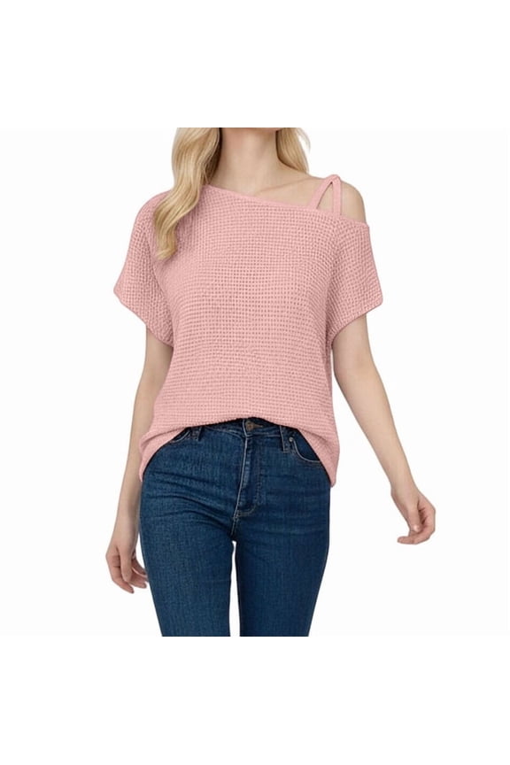 Women's Waffle-Knit Top,Ladies Sloping Shoulder Blouse,Summer Slouchy Shirt For Women,Pink,Size XXL
